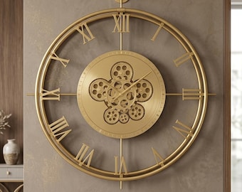 Moving Gear Wall Clock Gold, Large Industrial Luxury Metal Wall Art, Oversized Rotating Gears Clock, Unique Housewarming Gift