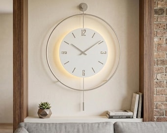Large Silver LED Wall Clock with Pendulum – Modern Scandinavian Luxury Metal Clock – Silent Quartz, Battery Operated Statement Wall Decor