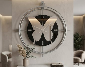 Large Gray Butterfly Mirror Wall Clock - Modern Luxury Statement Wall Art - Decorative Minimalist Home Decor for Living Room - Unique Gift
