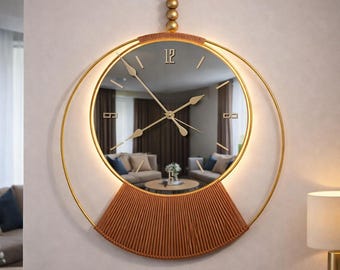 Large Mirror Wall Clock with LED, Modern Decorative Round Metal Wall Clock, Battery Operated, Luxury Gold Home Decor, Contemporary Interior