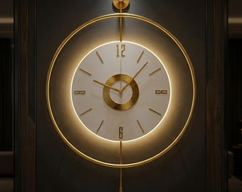 Large Gold LED Wall Clock with Pendulum – Modern Scandinavian Luxury Metal Clock – Silent Quartz, Battery Operated Statement Wall Decor