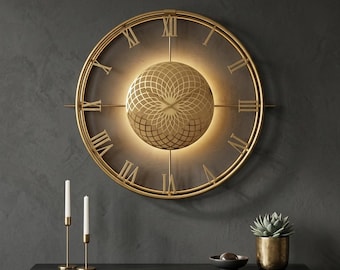 Modern Large Metal Wall Clock with LED, Chakra ROMA Gold Steel Wall Decor, Silent Quartz Battery Operated, Luxury Roman Numeral Art Design