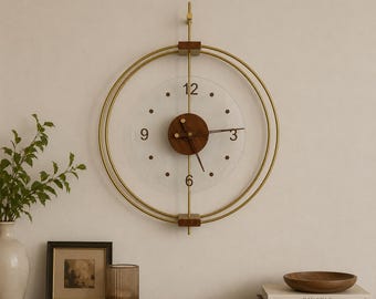 Large Walnut and Gold Scandinavian Glass Wall Clock – Modern Double Frame Metal Clock, Tempered Glass Silent Quartz Clock Home Decor