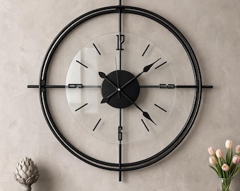 Large Black Scandinavian Glass Wall Clock – Modern Double Frame Metal Clock, Tempered Glass Silent Quartz Clock Home Decor