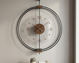 Large Walnut and Black Scandinavian Glass Wall Clock – Modern Double Frame Metal Clock, Tempered Glass Silent Quartz Clock Home Decor