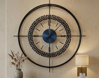 Black Greek Key Wall Clock - Large Tempered Glass Metal Clock - Modern Luxury Living Room Decor - Statement Home Accents - Unique House