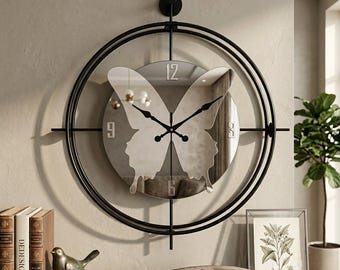 Large Black Butterfly Mirror Wall Clock - Modern Luxury Statement Wall Art - Decorative Minimalist Home Decor for Living Room - Unique Gift