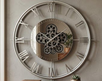 Large Silver Gear Wall Clock Moving Gears Roman Numeral Metal Wall Clock Industrial Steampunk Clock Modern Living Room Decor
