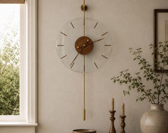 Modern Pendulum Wall Clock, Walnut and Gold Metal & Tempered Glass Wall Clock, Scandinavian Decor, Silent Quartz Clock, Luxury Gold Detail W