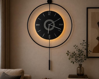 Large Black LED Wall Clock with Pendulum – Modern Scandinavian Luxury Metal Clock – Silent Quartz, Battery Operated Statement Wall Decor