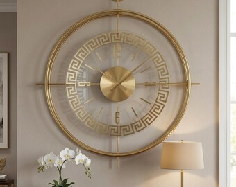 Gold Greek Key Wall Clock - Large Tempered Glass Metal Clock - Modern Luxury Living Room Decor - Statement Home Accents - Unique House