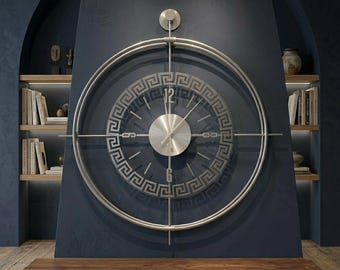 Silver Greek Key Wall Clock - Large Tempered Glass Metal Clock - Modern Luxury Living Room Decor - Statement Home Accents - Unique House