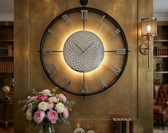 Modern Large Metal Wall Clock with LED, Chakra ROMA Black Steel Wall Decor, Silent Quartz Battery Operated, Luxury Roman Numeral Art Design