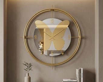 Large Gold Butterfly Mirror Wall Clock - Modern Luxury Statement Wall Art - Decorative Minimalist Home Decor for Living Room - Unique Gift