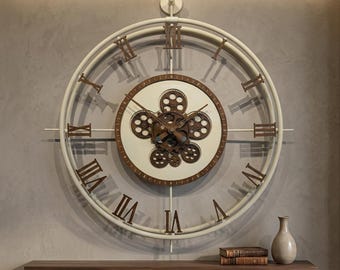 Moving Gear Wall Clock, Large Industrial Wall Clock, Metal Mechanical Gear Clock, Modern Steampunk Wall Decor,Silent Quartz Decorative Clock