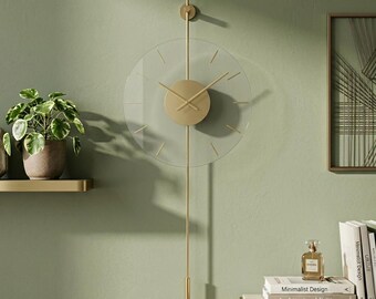 Modern Pendulum Wall Clock, Gold Metal & Tempered Glass Wall Clock, Scandinavian Decor, Silent Quartz Clock, Luxury Gold Detail Wall Decor
