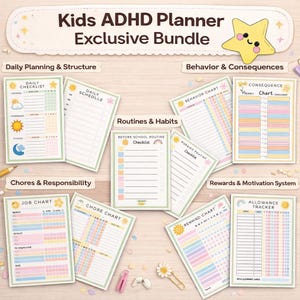 May include: A set of pastel-coloured planner pages for children with ADHD, featuring checklists, behaviour charts, and reward systems. The text reads "Kids ADHD Planner Exclusive Bundle". Metric measurements are not applicable.
