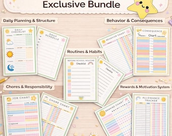 May include: A collection of colorful, pastel-themed planner pages for kids with ADHD. The pages include checklists, charts for behavior, chores, and rewards, and the text "Kids ADHD Planner Exclusive Bundle".