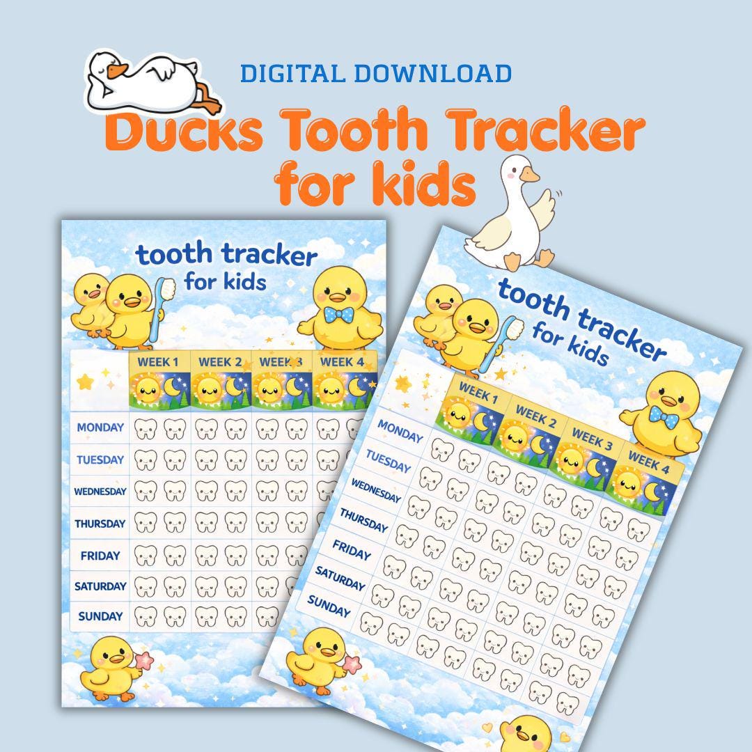 Tooth Tracker Chart Kids Tooth Brushing Tracker: Fun Duck Design | Printable Habit Chart ...