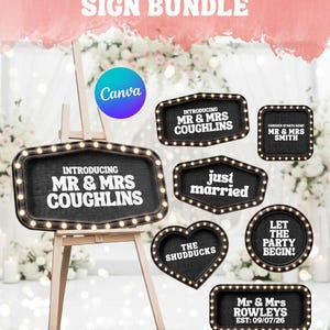 May include: An assortment of editable wedding sign templates with various shapes and text, including "Introducing Mr & Mrs Coughlins" and "Just Married." The signs are black with illuminated borders and are displayed on an easel.