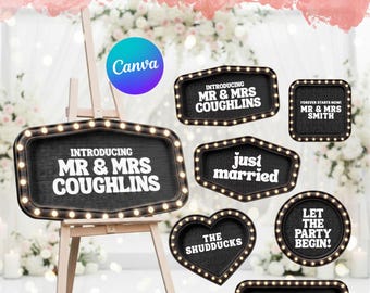 Wedding Marquee Sign Template Bundle (6 Signs) | Black Wood Entrance Decor | Editable Canva Bottle Service Signs | Glamorous Reception Decor