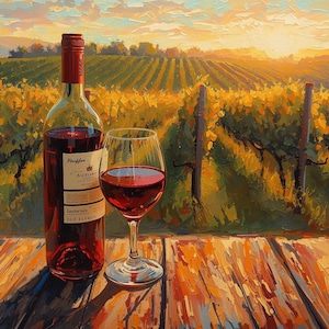 Könnte beinhalten: Gemälde einer Weinflasche und eines Glases Rotwein auf einer Holzoberfläche, mit einem Weinberg im Hintergrund. Die Flasche ist mit Rotwein gefüllt und hat ein Etikett. Das Glas ist teilweise mit Rotwein gefüllt. Der Weinberg ist in der Ferne.