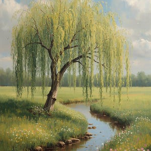 May include: An oil painting depicts a serene landscape with a weeping willow tree. The tree's cascading green leaves frame a small stream winding through a grassy meadow dotted with wildflowers under a cloudy blue sky.