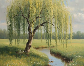 May include: An oil painting depicts a serene landscape with a weeping willow tree. The tree's cascading green leaves frame a small stream winding through a grassy meadow dotted with wildflowers under a cloudy blue sky.