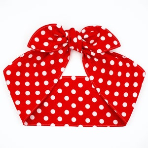 ROSIE THE RIVETER Hair Scarf, Red Polka Dots Top Knot Headband, Pinup Rockabilly Retro Mid Century 40s Wide Self Tie Head Wrap Scarf ROSIE THE RIVETER