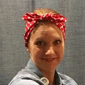 ROSIE THE RIVETER Hair Scarf, Red Polka Dots Top Knot Headband, Pinup Rockabilly Retro Mid Century 40s Wide Self Tie Head Wrap Scarf image 3