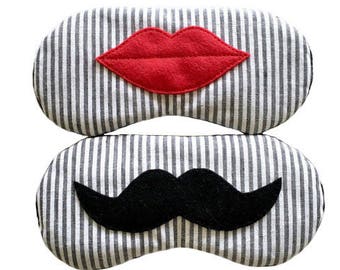 Red Lips Mustache Sleep Mask, Engagement Gift for Couple, Honeymoon His Hers Hubby Wifey, Matching Couple Gifts