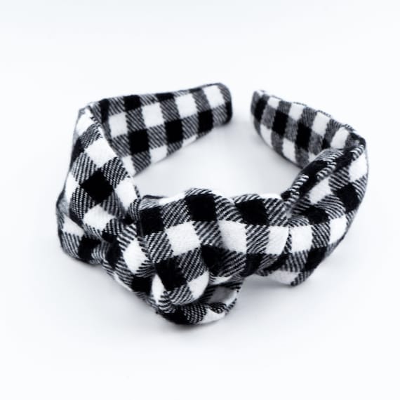 Handmade top knot flannel headband • WHITE BLACK PLAID Flannel Il_570xn