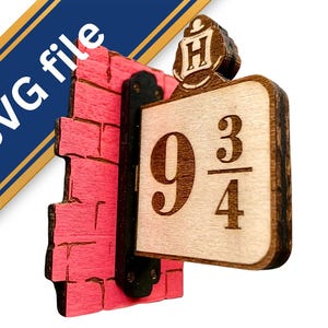 May include: A wooden wall sign featuring a pink brick wall section and a protruding sign displaying the number 9 3/4 in dark brown text. The sign includes a small crest with the letter H at the top. A blue diagonal banner displays the text SVG file.