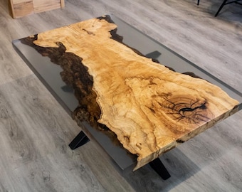 Live Edge Clear Epoxy Coffee Table | Acadia Maple Wood Handmade Resin Center table, Luxury Wooden Furniture For Modern Home Decor