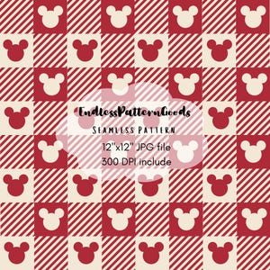 Pode incluir: Um padrão sem costuras com fundo xadrez vermelho e creme, alternando listras diagonais e silhuetas sólidas de cabeças do Mickey Mouse. O texto diz: EndlessPatternGoods SEAMLESS PATTERN 30,48cm x 30,48cm JPG file 300 DPI include.