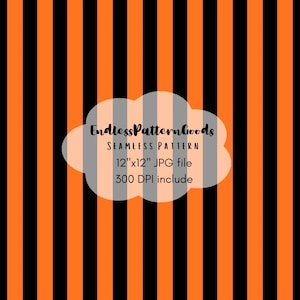 Può includere: Un motivo senza cuciture con strisce verticali che si alternano tra nero e arancione brillante. Una sovrapposizione a forma di nuvola mostra il testo: EndlessPatternGoods, SEAMLESS PATTERN, file JPG 30,48cm x 30,48cm, 300 DPI incluso.