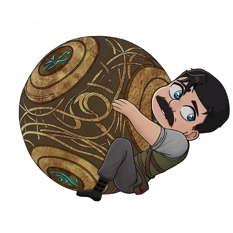 May include: A cartoon illustration of a person with a mustache hugging a large, brown sphere. The sphere has gold and teal accents with intricate patterns. The person is wearing a gray shirt, green vest, and gray pants.
