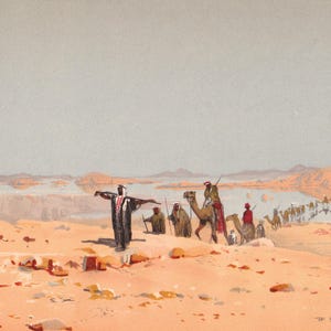 Vintage Mirages & Desert Caravan Panorama Lithograph 1905 - Wide Format XL Print 28x43 cm /A2 - Wüstenkarawane Panorama Kunstdruck 1905