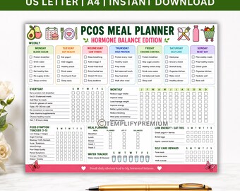 Planejador de Refeições para SOP (Síndrome dos Ovários Policísticos) para Imprimir, Rastreador de Sintomas da SOP, Planejador de Equilíbrio Hormonal, Plano Alimentar para SOP, Lista de Alimentos e Planejador Médico, Download Imediato