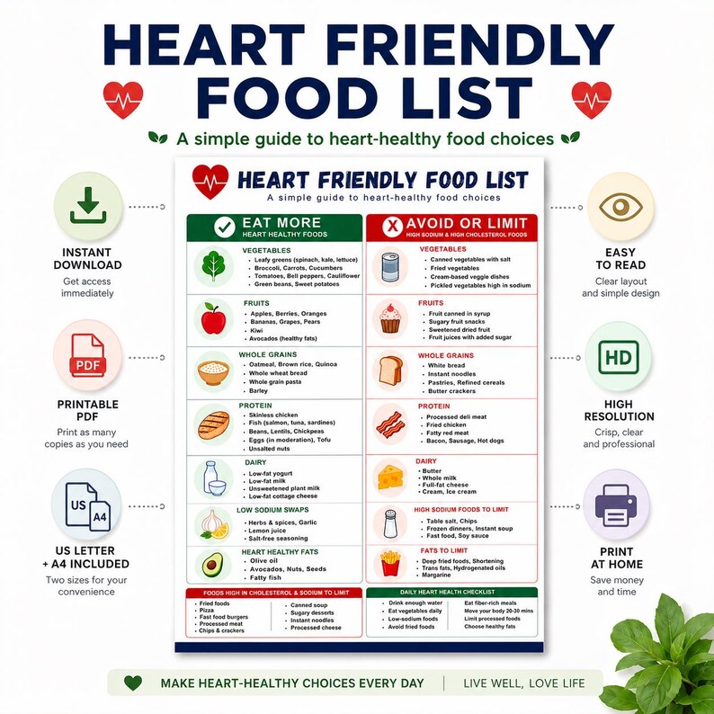 May include: A heart-friendly food list with a simple guide to heart-healthy food choices. The chart includes sections for foods to eat more of and foods to avoid or limit, with illustrations of various food items. The text includes "Instant Download" and "Printable PDF".