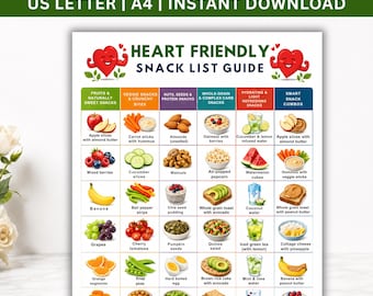 Lista imprimible de alimentos saludables para el corazón, guía de refrigerios para la dieta del corazón en PDF, tabla de refrigerios bajos en sodio, guía imprimible para el bienestar cardiovascular, descarga instantánea.