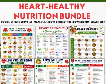 Paquete imprimible de nutrición saludable para el corazón, lista de alimentos beneficiosos para el corazón, lista de compras, plan de comidas de 7 días, bajo en sodio, bajo en colesterol, descarga instantánea.