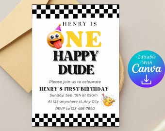 Invitación de primer cumpleaños "One Happy Dude", fiesta de primer cumpleaños para niño con estilo retro, plantilla editable de Canva, imprimible y descarga digital.
