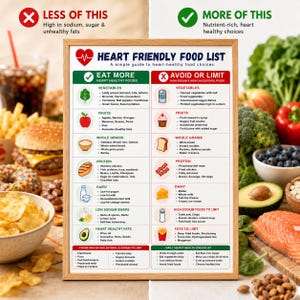 May include: A framed infographic titled "Heart Friendly Food List" categorizes foods into "Eat More" and "Avoid or Limit" sections. The "Eat More" list highlights vegetables, fruits, whole grains, protein, dairy, low sodium swaps, and heart-healthy fats. The "Avoid or Limit" section lists foods high in sodium and cholesterol.