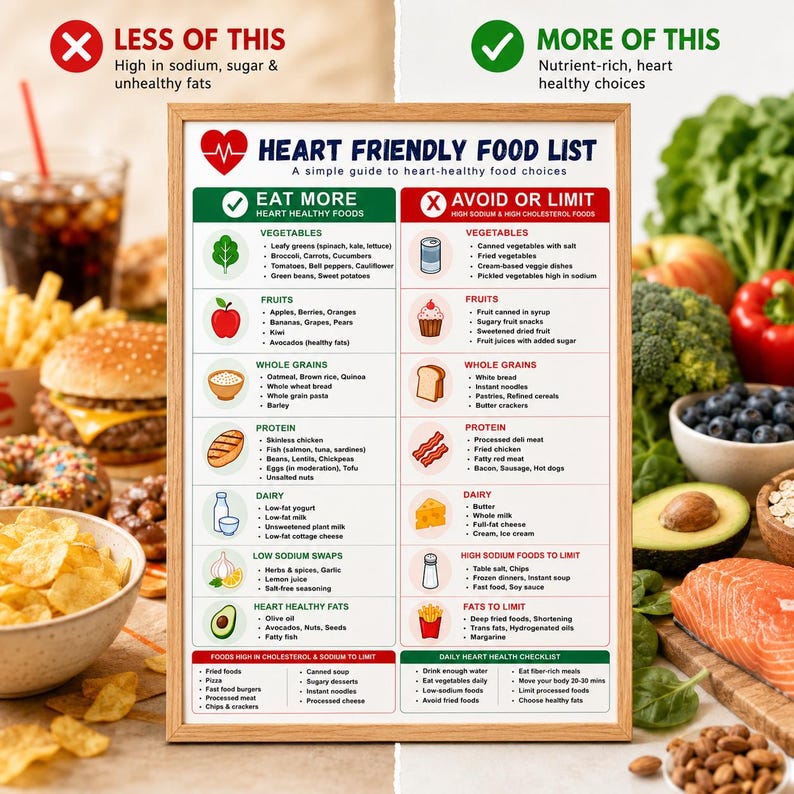 May include: A framed infographic titled "Heart Friendly Food List" categorizes foods into "Eat More" and "Avoid or Limit" sections. The "Eat More" list highlights vegetables, fruits, whole grains, protein, dairy, low sodium swaps, and heart-healthy fats. The "Avoid or Limit" section lists foods high in sodium and cholesterol.