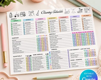 Lista de verificación para planificador de limpieza para TDAH, horario diario, semanal y mensual, lista digital de tareas domésticas, limpieza para niños, imprimible y editable en Canva.