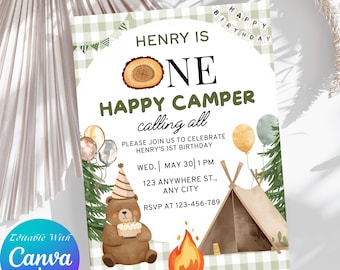 Invitación de cumpleaños para niño con temática de campista feliz, invitación para fiesta de ositos del bosque (descarga digital)