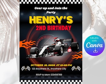 Invitación de cumpleaños con temática de coches de carreras, plantilla editable de Canva, invitación para fiesta de carreras, cumpleaños infantil con temática de coches, invitación para el segundo cumpleaños de un niño.