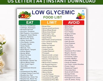 Lista imprimible de alimentos de bajo índice glucémico, tabla de índice glucémico bajo, lista de compras de alimentos de bajo IG, guía de compras para diabetes, prediabetes y SOP, descarga instantánea.