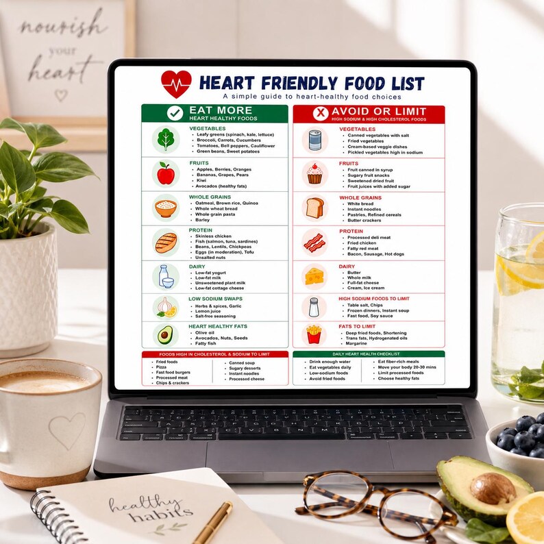 May include: A laptop displays a "Heart Friendly Food List" with categories like "Eat More" and "Avoid or Limit." The screen shows illustrations of healthy foods. A coffee cup, a notebook with "healthy habits" written on it, and an avocado are in the foreground.